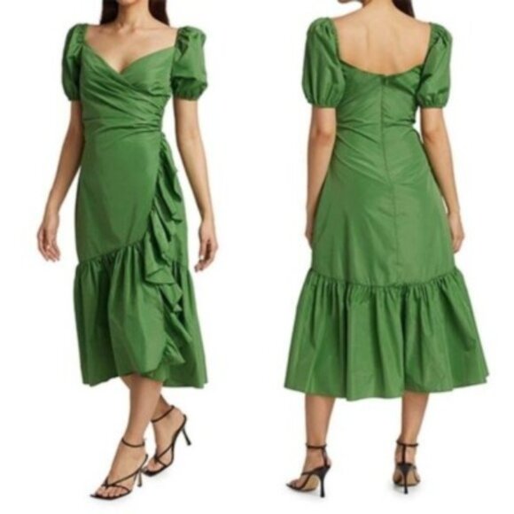 Cinq a Sept Megan Green Puff Sleeve Asymmetrical Dress - Picture 1 of 6